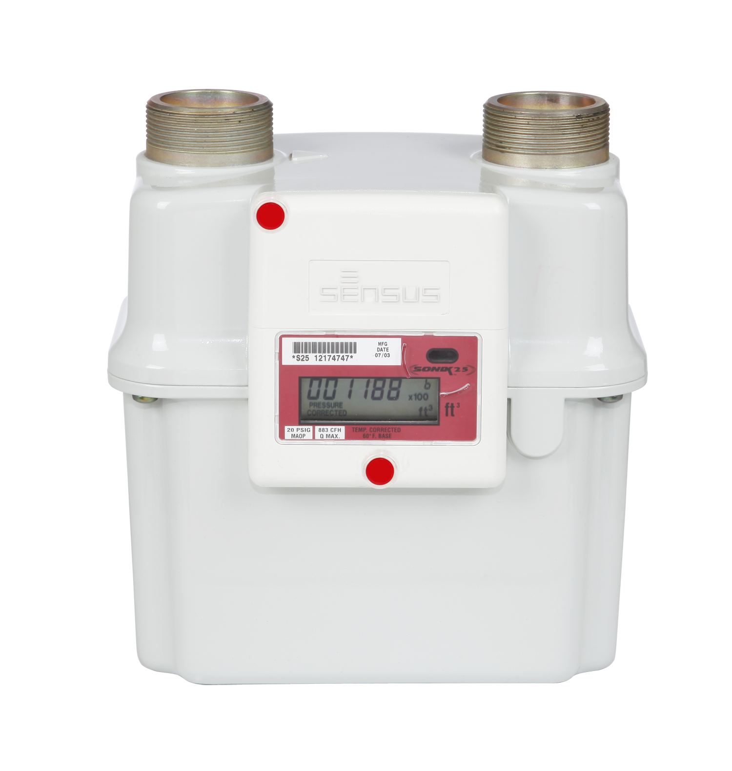 White Sensus ultrasonic natural gas meter with digital readout showing usage in cubic feet, pressure indication, and temperature compensation feature.