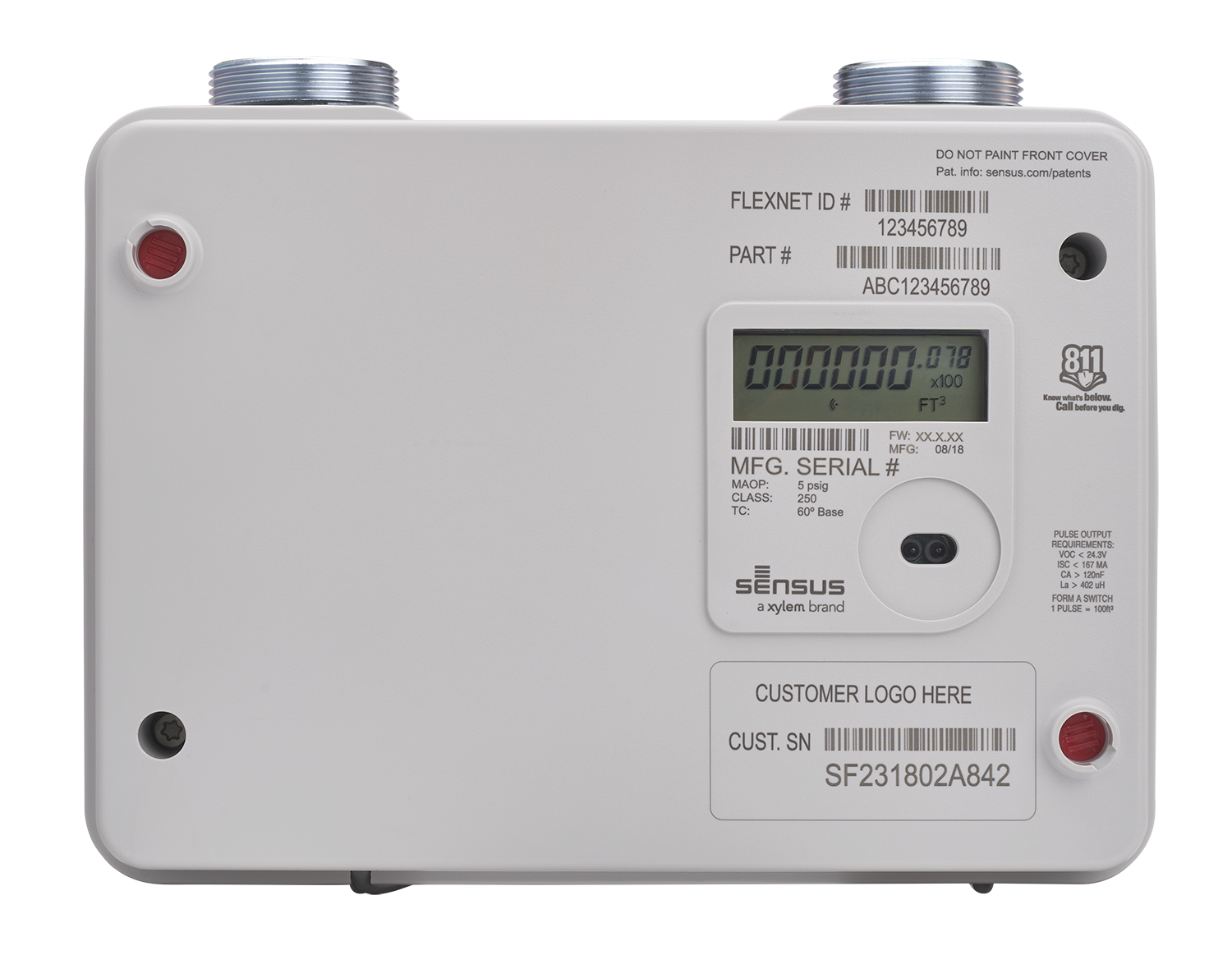 Sensus brand ultrasonic natural gas meter with digital display, model and serial number information, and customer logo placeholder.